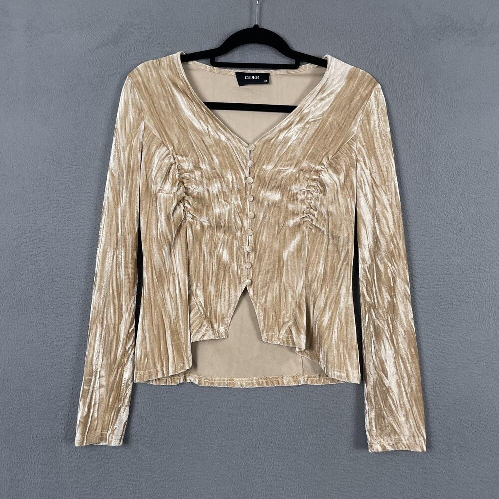 CIDER Button-Up Womens M Gold Cropped Velvet V-Neck Long Sleeve Stretch